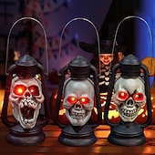 billige Halloween-Halloween håndtak LED lysende hodeskaller hode røde øyne lampe glødende i mørke retro parafinlampe festdekorasjon