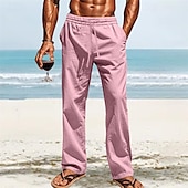 cheap Holiday-Men&#039;s Linen Pants Trousers Summer Pants Beach Pants Pocket Elastic Waist Drawstring Plain Comfort Breathable Vacation Daily Holiday Hawaiian Boho White Dark Red