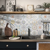 baratos Adesivos de Parede-Adesivos de azulejo estilo marroquino 24 peças, decalques de parede de PVC com película de cristal espessada, à prova d&#039;água &amp;Decoração de parede de azulejo retrô removível e à prova de óleo para
