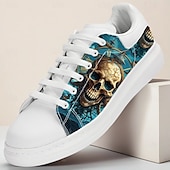 levne Boty pro muže-Pánské bílé tenisky se vzorem lebky a pavučiny pro gothic módu, rockové koncerty a streetwear looky