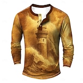 billige Vintage og retro-Herre Grafisk Årgang Henly-skjorte T-skjorter Langermet Årgang Mote Designer utendørs Avslappet Daglig Vår &amp; Vinter Alle årstider Mørkebrun Navyblå Grønn Lysegrå Henley Henley T-skjorte