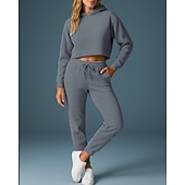 abordables Survêtements-Femmes Ensemble Survetement Jogging Pantalon Sweat-shirt à enfiler Cordon de serrage À capuche Couleur Unie Ensemble Vêtements Printemps Gris foncé Noir Salle de sport Extérieur Course Taille haute