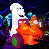 economico Halloween-Gonfiabile fantasma di Halloween da 5 piedi che spinge una carrozza di zucche con caramelle, decorazione da giardino gonfiabile con LED integrati per feste di Halloween all&#039;aperto, al chiuso, in