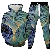 billige Herre 3D Sweatshirt Sett-Herre 3D Geometrisk 2stk 3D-genseresett Joggedress Hettegenser Langermet Lange bukser Med hette Fritid hverdag treningsklær 3D-utskrift Vår Høst Vinter Rødstrupe-egg Blå Rosa Regnbue
