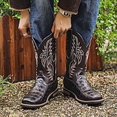 abordables Cowboy et bottes occidentales-Bottes de cowboy western en cuir de vachette noir gaufré pour hommes avec bout pointu et coutures classiques, chaussures élégantes pour les événements country, l&#039;équitation et la mode rodéo