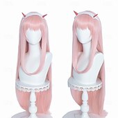 abordables Perruques de Couple-Perruque rose pastel longue et raide pour femme, cosplay anime Zero Two 02, avec corne, 99 cm