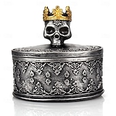 baratos Decorações de Halloween Penduradas e de Mesa-Caixa de armazenamento de joias com estátua de caveira e coroa de Halloween com tampa, à prova de poeira, suporte de vela artesanal, decoração única de Halloween, pequeno enfeite de resina para exibição de mesa em casa
