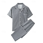 billiga Pyjamas-Herr Sovkläder Pyjamas set Pyjamastopp och byxa 1set Slät Mode Stylish Klassisk Hem Dagligen Säng Bomull Komfort Mjuk Andningsfunktion Kavajslag Kortärmad Skjorta Byxa Elastisk midja Knappar Sommar