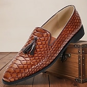 levne Poloformální-Pánské hnědé mokasíny s tkanými střapci z umělé kůže – vintage design nazouvacích bot pro stylové gentlemany, bankety a letní svatby