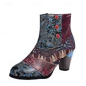preiswerte Stiefeletten-Damen Stiefel Vintage-Schuhe Täglich Blumen Geometrisch Stiefeletten Perlenstickerei Blockabsatz Runde Zehe Vintage PU Reißverschluss Purpur Braun Grün