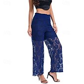 abordables jambe large et taille haute-Femmes Jambe large Slacks Streetwear Occasionnel Longueur complète Naturel Uni Dentelle Patchwork Taille Élastique Confortable Fête Sortir Vert translucide Noir Blanche Bleu de minuit Automne Coupe