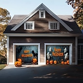Недорогие Накрытие для гаражных ворот на Хэллоуин-Баннер-застежка для гаражных дверей на Хэллоуин – Сцена &quot;Счастливого Хэллоуина&quot; с тыквами и летучими мышами крупный размер для гаражных дверей включает в себя крепеж для легкой установки уличное