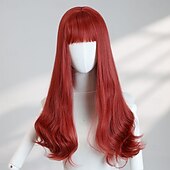 abordables Pelucas de fiesta-Peluca ondulada roja de 24 pulgadas para mujer: flequillo completo, cabello largo sintético resistente a altas temperaturas, perfecta para disfraces de Halloween. &amp;looks de fiesta