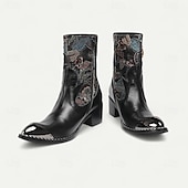 abordables Bottes en cuir haut de gamme-Bottes de motard western noires en cuir de vachette pour hommes avec broderie florale et bout en métal, style cowboy rétro pour la conduite à moto, les événements country et la mode festival
