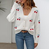 preiswerte Strickjacken und Oberbekleidung-Damen Pullover Strickjacke Mode Streetwear Täglich Frucht Gerippt V Ausschnitt Gestrickt Langarm Normale Oberteile Stricken Ferien Ausgehen Wochenende Weiß Herbst Winter