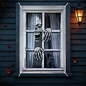 cheap Door Covers-Halloween Window Curtain Skeleton Peeking Through Blinds, Scary Door Cover, Window cover,  Wall Tapestry for 2025 Halloween Spooky Home Decoration