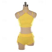 رخيصةأون فساتين التزلج الفني-فستان التزلج الراقص نسائي للفتيات تزلج على الجليد الفساتين أصفر بقع فتح الظهر شبكة سباندكس قابل للبسط التدريب تمرين متخصص ملابس التزلج الدفء الكريستال / حجر الراين بدون كم