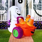 economico Halloween-Gonfiabile fantasma di Halloween da 5 piedi che spinge una carrozza di zucche con caramelle, decorazione da giardino gonfiabile con LED integrati per feste di Halloween all&#039;aperto, al chiuso, in