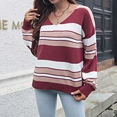 economico Motivi grafici e dettagli-Per donna Maglione Casual A righe Spesso Scollo a V Lavorato a maglia Manica Lunga Top Regolari Maglia Quotidiano Ferie Uscire Vino Blu Autunno Inverno