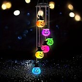 economico Luci di Halloween-Carillon solare a vento di Halloween con sette colori cangianti, luce da balcone a forma di teschio di zucca, luce da appendere, impermeabile, per esterni, giardino, casa, festa di Halloween,