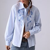 abordables Chemises-Femmes Chemise Fleuri Rayé Élégant Bohème ancien manche longue Col de chemise Hauts Réguliers Travail Quotidien Fête Broderie 1# Original bleu clair-BLEU Printemps, Automne, Hiver, Été