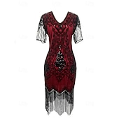 economico Abiti degli anni '20-Anni Ruggenti Anni 1920 Lunghezza al ginocchio Vestito Abito Flapper Abito da Ballo Maniche corte Il grande Gatsby Charleston Invitato al matrimonio Paillettes Frangia con nappe Scollo a V Costume
