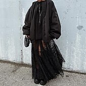 abordables Jupes unies-Femmes Jupe Trapèze Évasé Élégant ancien Sexy Longue Maxi Taille Moyenne Jupes Dentelle A Volants Patchwork Non Elastique École Performance Noir Printemps, Automne, Hiver, Été Nylon