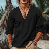preiswerte Urlaub-Herren Leinenhemd Popover-Hemd Sommerhemd Strandbekleidung Vintage-Shirt Ethno-Hemd Einfach Urlaub Lässig Schwarz Weiß Wein Blau Langarm V Ausschnitt Sommer Frühling Bekleidung