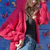 preiswerte Einfarbiger Cardigan-Damen Pullover Strickjacke Mode Streetwear Täglich Einfarbig Gerippt Mit Kapuze Gestrickt Langarm Crop Tops Stricken Ferien Ausgehen Wochenende Weiß Rosa Herbst Winter