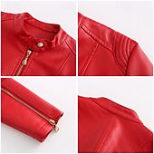 cheap Faux Leather Jackets-Women&#039;s Faux Leather Jacket Comfortable Pocket Full Zip Fashion Street Style Plain Outdoor Casual Daily Regular Stand Collar Regular Fit Long Sleeve Outerwear Red Green Beige Fall Winter