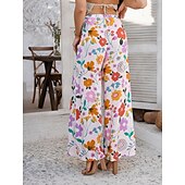 abordables jambe large et taille haute-Femmes Jambe large Chinos Vacances ancien Mode Longueur complète Taille haute Fleuri Ceinture Élastique Impression Confortable Doux Micro-Élastique Extérieur Vacances Rue Blanche Jaune Rose Claire