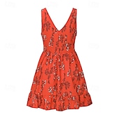 tanie Sukienki boho-Damskie Sukienka mini Sukienka w kwiatki Sukienka Boho Sukienka z nadrukiem Strój zachodni Zabytkowe Moda Urlop Święto Weekend Regularny Kwiat Bez rękawów W serek Pomarańczowy Lato
