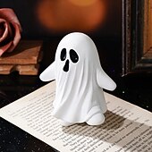 baratos Figurines e Ornamentos-Estátua de Resina de Fantasma Fofo de Halloween Decoração de Mesa de Fantasma Fofo de Robe Branco Ornamento Assustador de Resina de Halloween para Casa