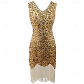 voordelige Jaren 1920 Jurken-Retro vintage Roaring jaren &#039;20 Jaren 1920 Boven de knie Tot de knie Flapper jurk Cocktailjurk Mouwloos The Great Gatsby Flapper Girl Pailletten Zoom V-hals Kostuum Dames Kerstmis Carnaval Bruiloft