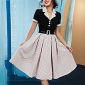 levne Šaty-Retro 50. léta Polední A-Line šaty Houpací šaty Košilové šaty S páskem Puntíky Přehnutý Dámské Karneval Ležérní Denní nošení Retro tematická párty Dospělé Šaty Jaro léto