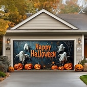 Недорогие Накрытие для гаражных ворот на Хэллоуин-Баннер-застежка для гаражных дверей на Хэллоуин – Сцена &quot;Счастливого Хэллоуина&quot; с тыквами и летучими мышами крупный размер для гаражных дверей включает в себя крепеж для легкой установки уличное