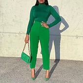 abordables pantalons habillés pour femmes-Femmes Dress Pants works Mode Streetwear Longueur complète Naturel Uni Taille Élastique Confortable Formel Travail Noir Blanche Jaune Rouge Automne Coupe régulière