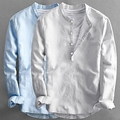 baratos Clássico-Homens Camisa de linho Camisa de colarinho de banda Camisa Popover camisa de verão Roupa de Praia Camisa casual Tecido Férias Casual Laranja + azul Rosa + Azul Marinho Branco + preto Rosa + azul
