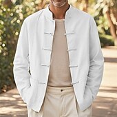baratos Jaquetas Casuais-Homens Jaqueta de Camisa jaqueta de linho Cabana Férias Diário Respirável Bolsos Primavera Outono Tecido Moda Clássico Colarinho Chinês Padrão Preto Branco Azul Marinha cáqui Casaco