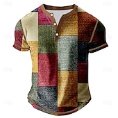 baratos Geométrico-Homens Gráfico Bloco de cor Camisa Henley Camisetas Manga Curta Vintage Moda Designer Ao ar livre Casual Diário Primavera &amp; Outono Todas as Estações Cinzento Vermelho Henley Camiseta Henley