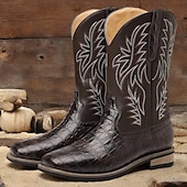 abordables Cowboy et bottes occidentales-Bottes de cowboy western en cuir de vachette noir gaufré pour hommes avec bout pointu et coutures classiques, chaussures élégantes pour les événements country, l&#039;équitation et la mode rodéo