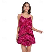 preiswerte Kleider-Retro Vintage Goldene Zwanziger 1920er Mini Flapper Kleid Der große Gatsby Flapper-Mädchen Pailletten Fransen V Ausschnitt Damen Weihnachten Halloween Karneval Hochzeit Abendgesellschaft Maskerade