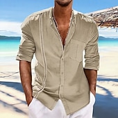voordelige Vakantie-Voor heren Overhemd linnen overhemd Katoenen linnen overhemd Zomer overhemd Strand hemd Overhemd met knopen Effen Casual Dagelijks Zwart Wit Marineblauw blauw Lange mouw Strijkijzer Lente zomer