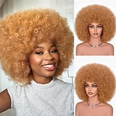 economico Parrucche storiche-Parrucche afro per donne nere, parrucca afro riccia crespa anni &#039;70 con frangia, parrucche soffici ed enormi, capelli sintetici per cosplay quotidiani e feste, 14 pollici