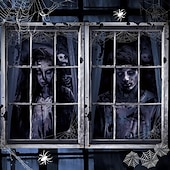 olcso halloween faliszőnyegek-2 db-os halloweeni ablakdekoráció női szellem halloweeni ablak horror női szellem baba függöny szett horror koponya poszter beltéri és kültéri partidekoráció