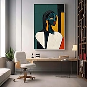 abordables Peintures portraits-Peinture de portrait abstrait moderne faite à la main peinte à la main avec un contraste chromatique audacieux - peintures à l&#039;huile géométriques figure féminine en or cobalt figure pour peinture