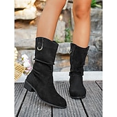 billige Slouch Boots-damestøvletter med tigertrykk i semsket skinn til leggen – løse støvletter i westernstil med spennedetaljer, stilig, uformelt høstsko