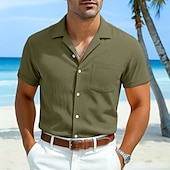 economico Vacanza-Per uomo Camicia bianca di cotone Camicia Estiva Camicia casual Camicia in cotone e lino Camicia con colletto cubano Semplice Vacanza Casuale Nero Giallo Blu marino Verde Manica Corta Collo Camp