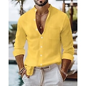 economico Camicie di lino-Per uomo Camicia Camicia di lino Camicia casual Camicia con Bottoni Camicia di cotone Semplice Vacanza Camicia hawaiana Nero Bianco Giallo Blu marino Manica Lunga Colletto alla coreana Primavera