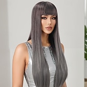 economico Parrucche da festa-parrucca lunga e liscia grigio argento per donna – fibra ad alta temperatura, con mèches, frangia piena, parrucca per tutta la testa, ideale per cosplay, Halloween e uso quotidiano